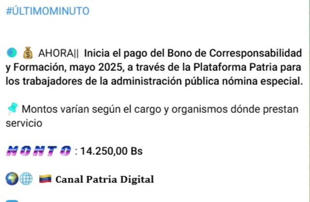Anuncio del Bono de Corresponsabilidad y Formación de mayo 2025. Foto: Canal Patria Digital Anuncio del Bono de Corresponsabilidad y Formación de mayo 2025. Foto: Canal Patria Digital