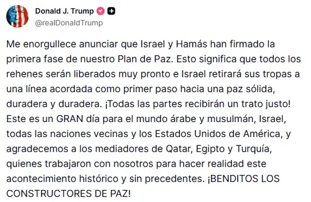  Donald Trump anuncia que se firmó la primera fase a través de su cuenta en Truth Social. Foto: @realDonaldTrump<br>    
