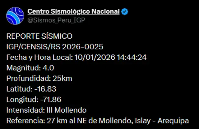 Sismo de 4,0 remeció Arequipa, según IGP. Foto: X Sismo de 4,0 remeció Arequipa, según IGP. Foto: X