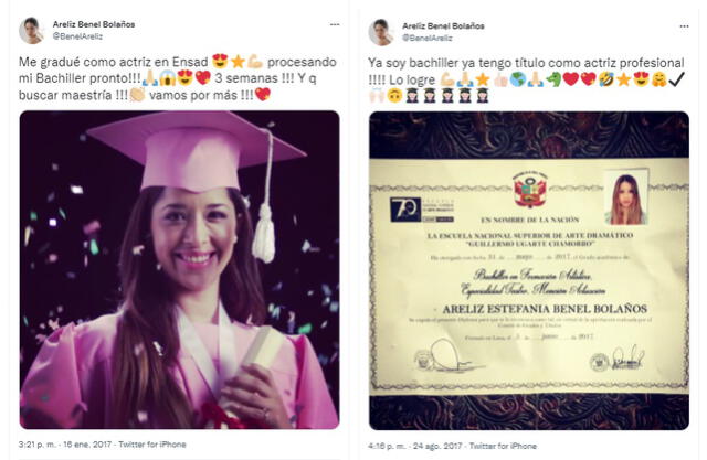 2017. Tuits de Areliz Benel tras graduarse en Escuela Nacional Superior de Arte Dramático de Lima (ENSAD). Foto: Areliz Benel/Twitter
