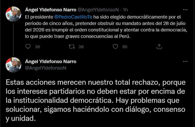 Ministro Yldefonso rechaza que se promueva una vacancia presidencial contra Pedro Castillo. Foto: captura de Twitter.