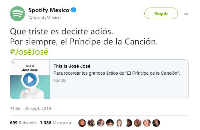 Publicación de Spotify en Twitter por la muerte de José José