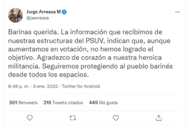 Jorge Arreaza reconoció la derrota de las elecciones antes que el CNE difundiera los resultados oficiales. Foto: captura Twitter
