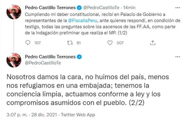 Tuit de Pedro Castillo tras declarar ante la Fiscalía. Foto: captura de Twitter