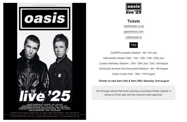 La banda británica anunció la fecha oficial de preventa y cuándo se realizarán los conciertos en Europa. Foto: Oasis