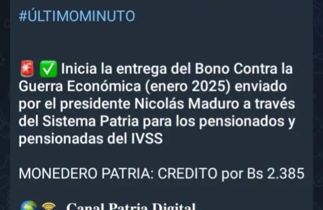 Anuncio del Bono de Guerra para pensionados en enero 2025. Foto: Canal Patria Digital   