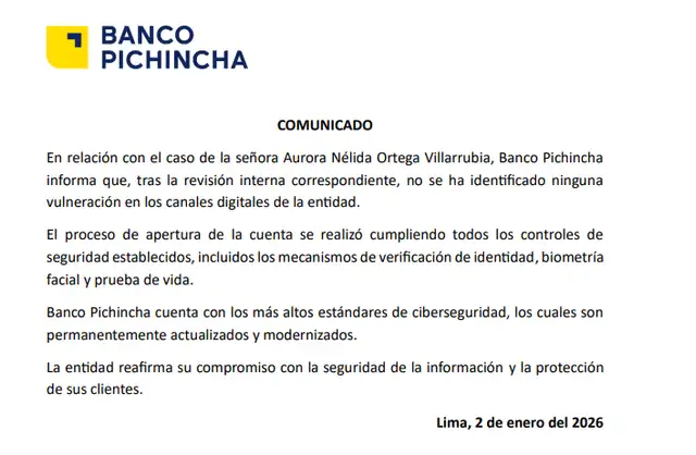 Comunicado de Banco Pichincha. Foto: Banco Pichincha Comunicado de Banco Pichincha. Foto: Banco Pichincha