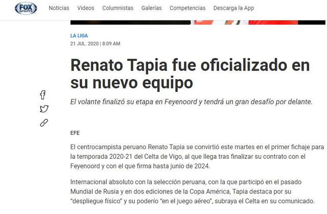 Renato Tapia: reacción de los medios a su llegada a Celta de Vigo. Foto: Fox Sports