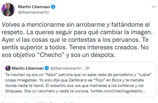 Liberman llama "déspota" al 'Checho' Ibarra. Foto: Captura Twiiter Martín Liberman