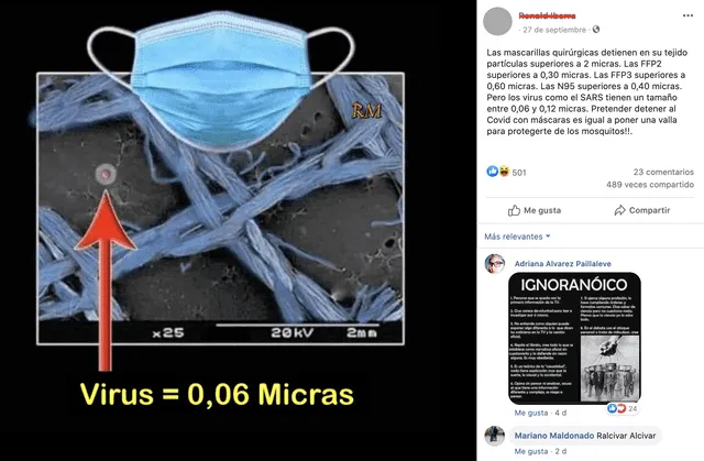 Publicación viral afirma que el SARS-CoV-2 atraviesa la mascarilla quirúrgica. Foto: Captura.