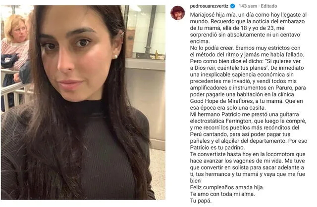 11.4.2020 | Pedro Suárez-Vértiz dedica mensaje a su hija María José. Foto: captura PSV/Instagram