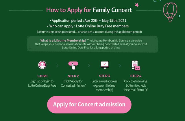 Paso 2. Presiona el botón "Apply for concert admission".  Foto: lottedfs.com