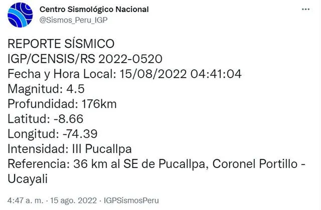 Datos del sismo en Ucayali. Foto: captura Twitter IGP