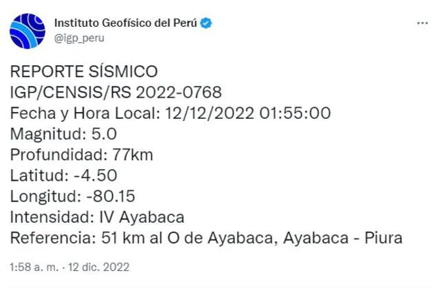 Datos del sismo en Piura. Foto: IGP