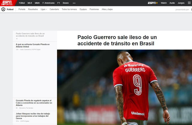 Prensa internacional informó sobre accidente de Paolo Guerrero. Foto: captura de pantalla
