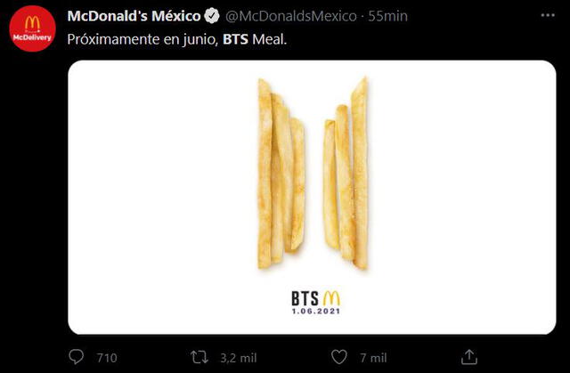 Publicación de McDonald's México sobre 'BTS Meal'. Foto: captura Twitter