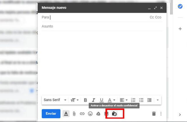  Ubicación del candado del modo confidencial. Foto: captura de Gmail   