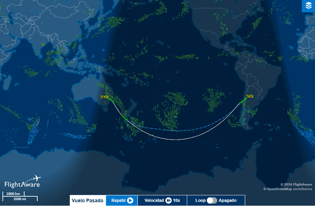  La ruta del vuelo en un mapa. Foto: Flight Aware<br>    