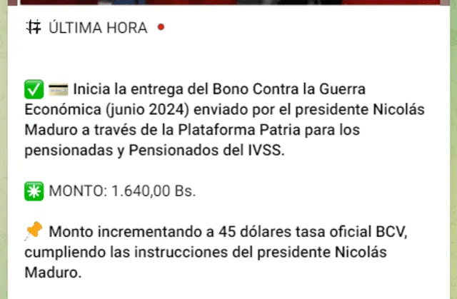 El mes pasado, el Bono de Guerra para pensionados llegó el viernes 21 de junio. Foto: Canal Patria Digital/Telegram