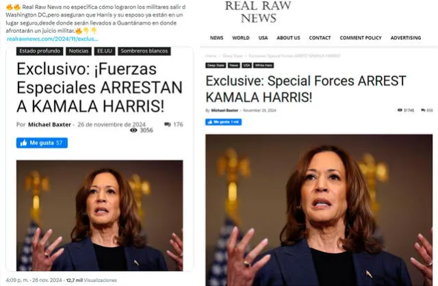 <em>Publicación falsa sobre arresto de Kamala Harris por las Fuerzas Especiales. Foto: captura de X</em>   