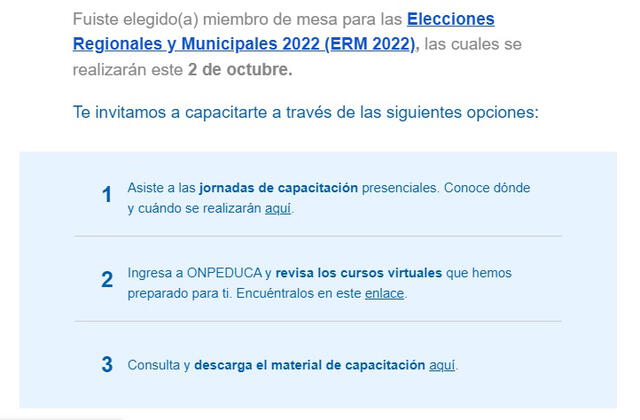 Información que envía la ONPE  a miembros de mesa. Foto: captura correo electrónico