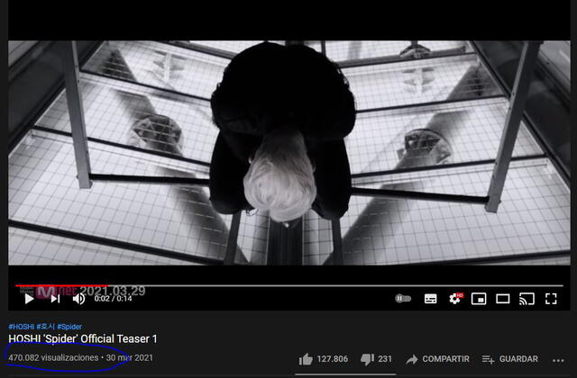 Reproducciones en YouTube del teaser de "Spider" de Hoshi de SEVENTEEN. Foto: captura canal Big Hit Labels