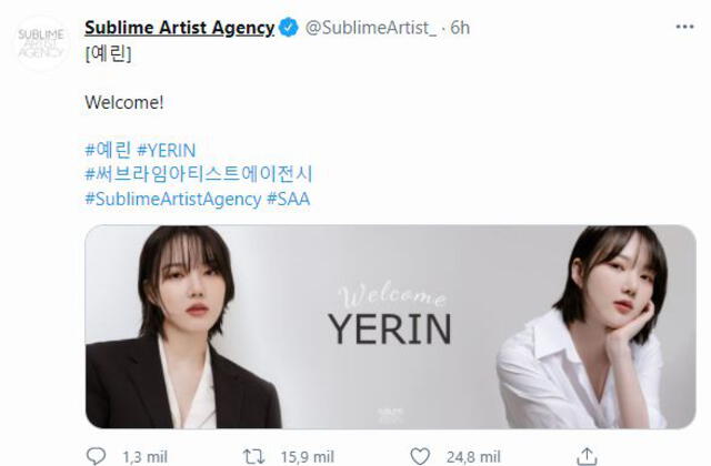 Post sobre Yerin de GFRIEND en Twitter. Foto: captura @SublimeArtist_