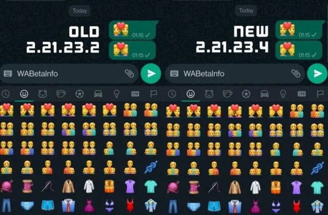 La comparación entre las versiones muestra ligeras diferencias entre los emojis. Foto: WABetaInfo.