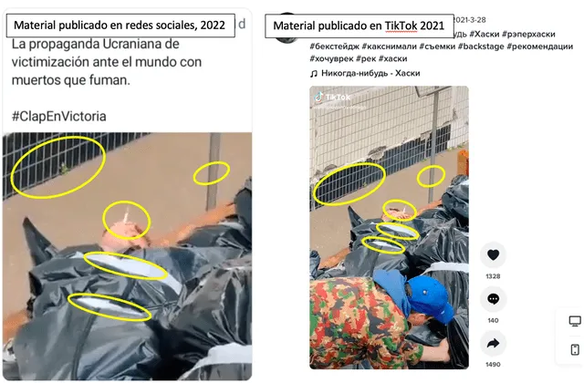 Comparación entre el video publicado en redes sociales como actual y el compartido en TikTok en marzo de 2021. Fuente: Composición LR, Facebook, TikTok.