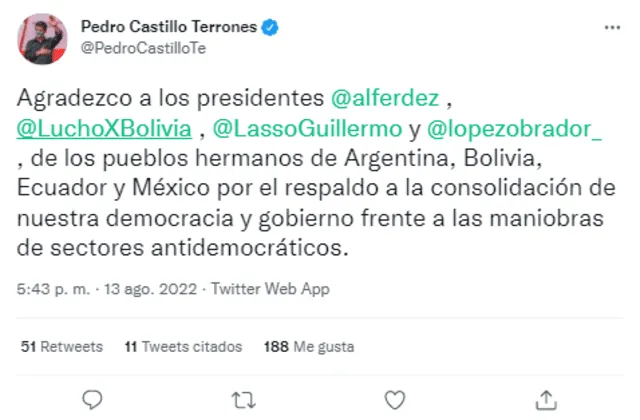 Castillo agradece a presidentes de Argentina, México, Bolivia y Ecuador. Foto: Pedro Castillo/ Twitter