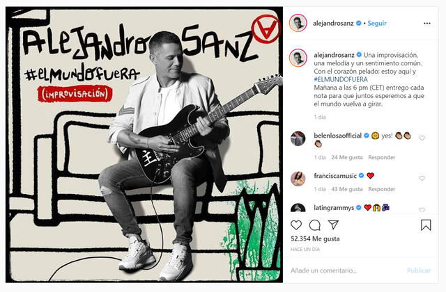El anuncio oficial de "Un Mundo Fuera" que realizó Alejandro Sanz en su cuenta de Instagram.