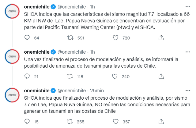 Oficina Nacional de Emergencia del Ministerio del Interior y Seguridad Pública (ONEMI) evaluaban una posibilidad de tsunami en Chile. Foto: @onemichile/ Twitter