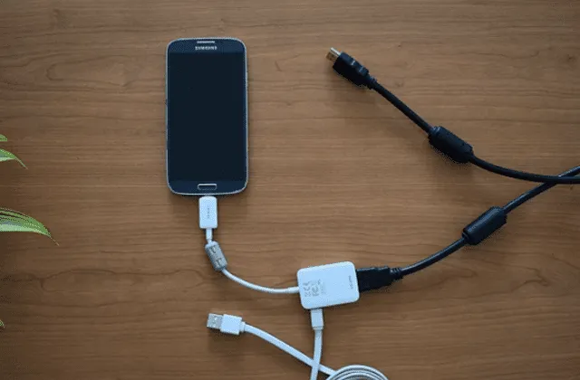 The cell phone can be connected to the TV through the HDMI cable adapter.  Image: WordPress   