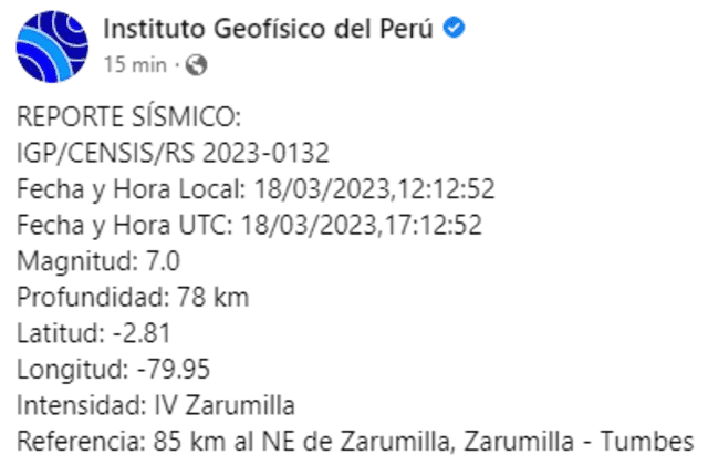  Fuerte sismo en Tumbes. Foto: IGP    