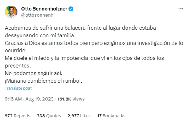 Mensaje de Sonnenholzner en Twitter tras el ataque. Foto: @ottosonnenh    