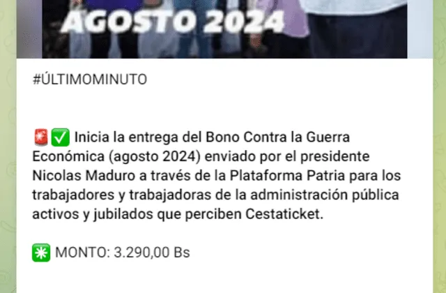 El primer pago del Bono de Guerra llegó el 15 de agosto. Foto: Canal Patria Digital/ Telegram