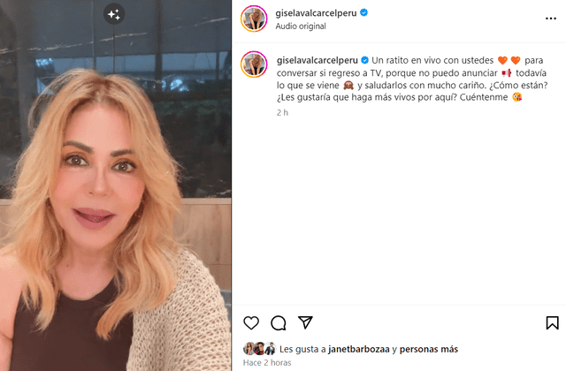 Gisela Valcárcel interactuó con sus seguidores. Foto: Instagram/Gisela Valcárcel   