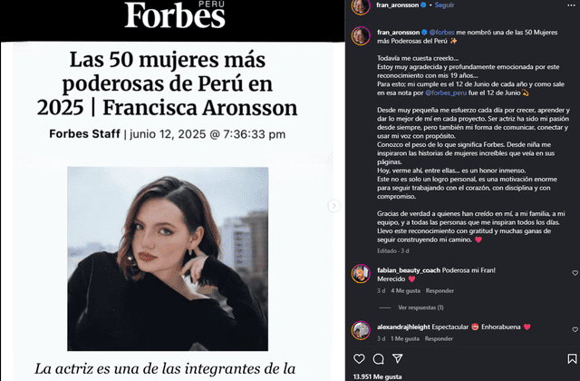 Francisca Aronsson celebró ser una de las 50 mujeres más poderosas del Perú. Foto: Instagram.   