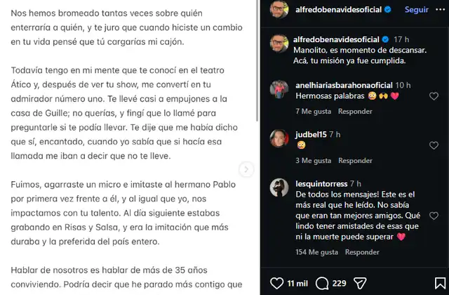 Mensaje de Alfredo Benavides a Manolo Rojas. Foto: Instagram.  