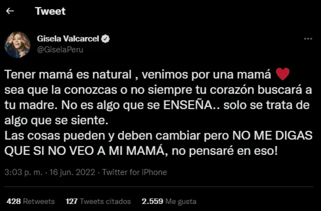Gisela Valcárcel publica peculiar mensaje en Twitter. Foto: captura de pantalla
