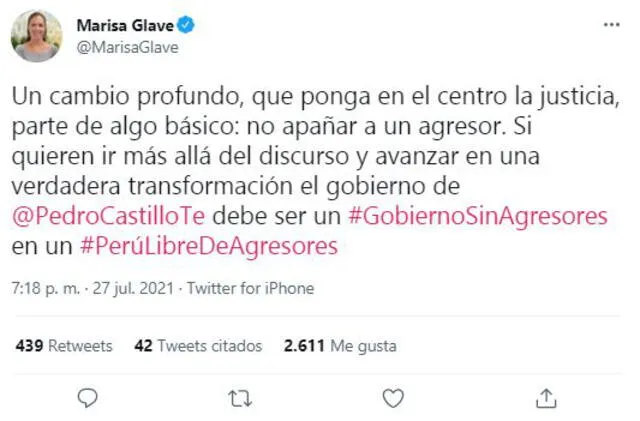 Glave también promovió los hashtags #GobiernoSinAgresores y #PeríLibreDeAgresores. Foto: captura de Twitter