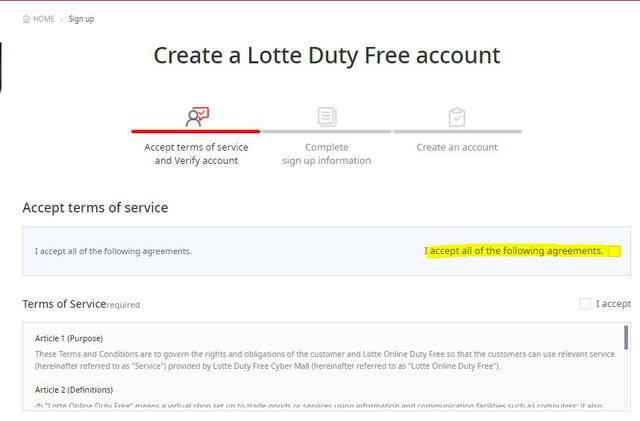 Crear cuenta en Lotte Duty Free