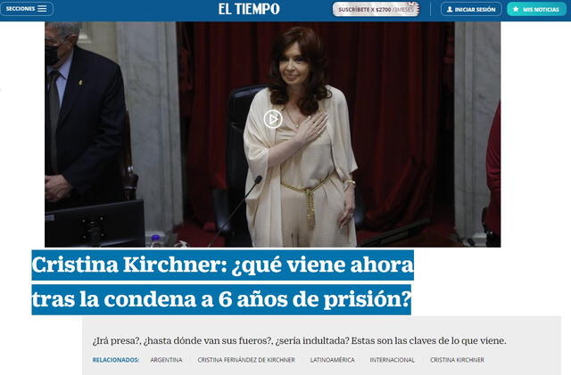 Así informó la prensa internacional sobre la condena a prisión a Cristina Kirchner. Foto: captura El Tiempo.