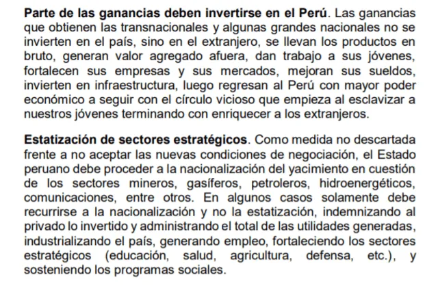 Plan de Gobierno de Perú Libre, página 16. Capítulo III: Nuevo régimen económico del Estado.