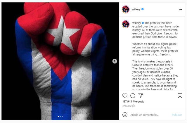 William Levy exige la libertad de Cuba. Foto: captura Instagram