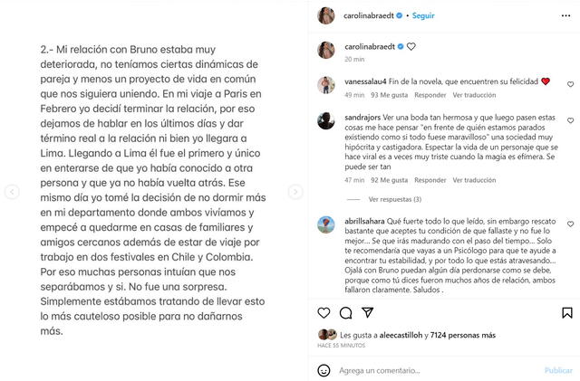 Carolina comenta que su romance con Bruno Vega ya se encontraba "deteriorada". Foto: captura de Instagram/Carolina Braedt   
