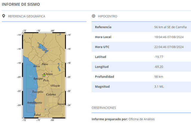   Información del último sismo en Chile. Foto: CSN 