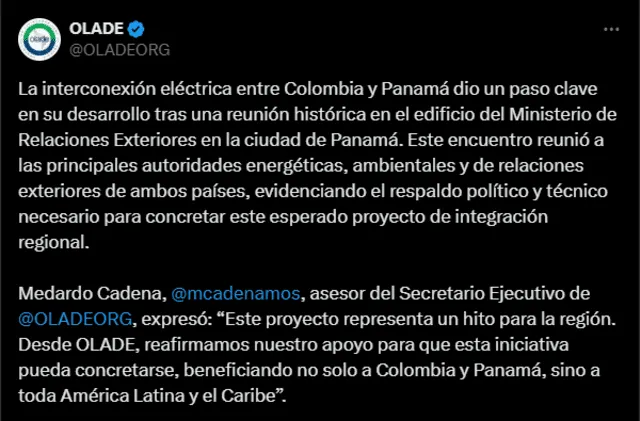  La Organización Latinoamericana de Energía (Olade), subrayó la importancia de la interconexión eléctrica entre Colombia y Panamá. Foto: Captura   