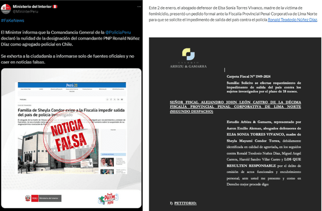 Izquierda: acusación de fakenews del Mininter | Derecha: extracto de la nota. Nunca se desafirma lo dicho por el Mininter. El formato de publicación aplicado por el Ministerio del Interior desacredita la nota | Fuente: Perú 21    