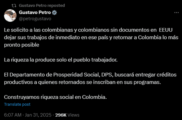 Petición de Gustavo Petro a los inmigrantes colombianos en EE. UU. Foto: X/@petrogustavo<br> Petición de Gustavo Petro a los inmigrantes colombianos en EE. UU. Foto: X/@petrogustavo<br>